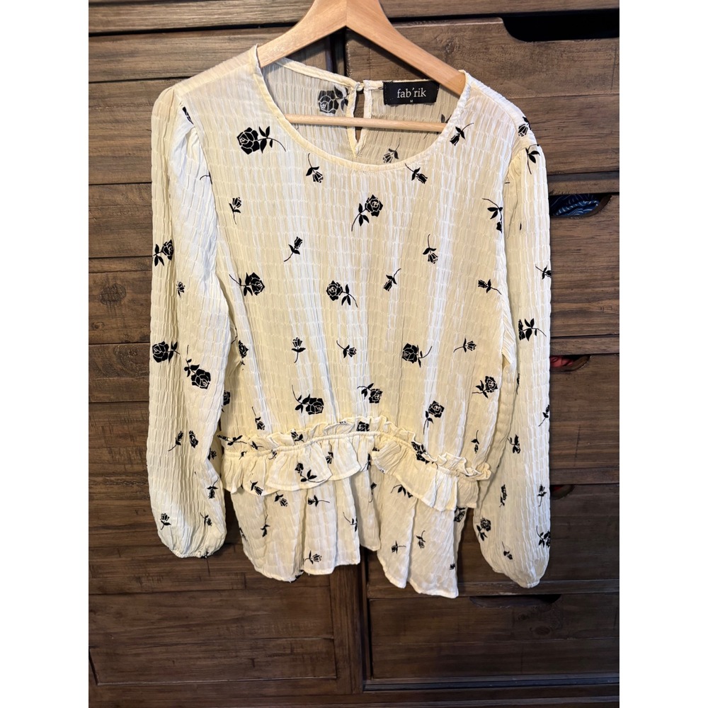 Fab'rik Floral Peplum Blouse Cream Black Rose Print Long Sleeve Top T3080 Medium - Picture 2 of 6